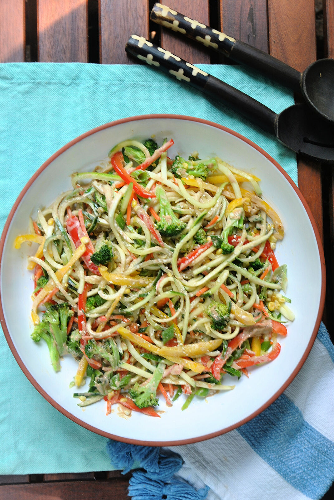 A zucchini noodle salad with an East Asian-inspired tahini-ginger dressing is an easy, low-carb summer dish.